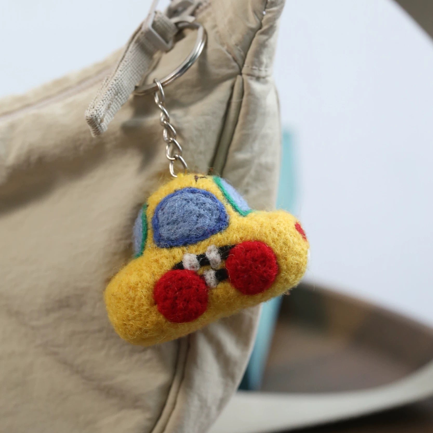 Needle Felted Taxi Backpack Keychain Charm By Maria Callary Toys