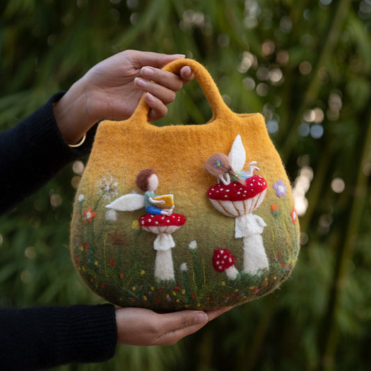 Angelic Study Time on Red Mushroom Bag - Enchanted Red Mushroom with Studious Angels and Blooming Flora