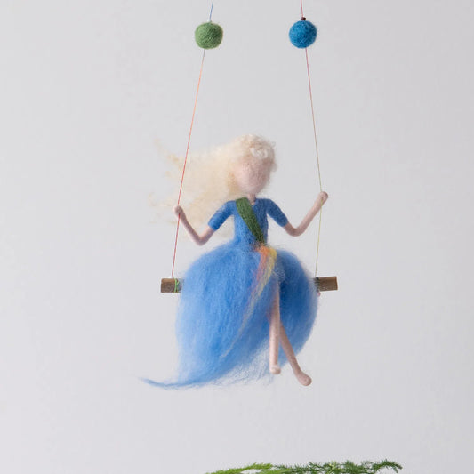 Carol - Woolen Fairy | Handcrafted Sprite | Waldorf-Inspired | Blue Dress & White Hair | Swinging Enchantment