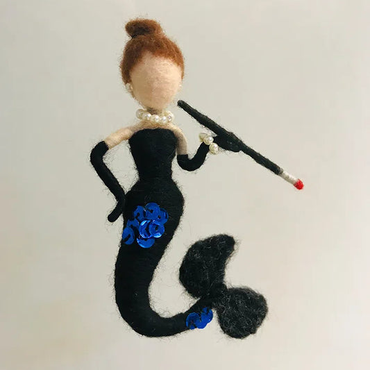 Emma - Woolen Angel | Handcrafted Sprite | Waldorf-Inspired | Black Mermaid | Pearl Adornments | Pipe Holder | Perfect Gift