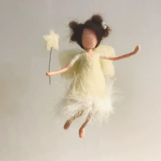 Elizabeth - Woolen Fairy | Handcrafted Sprite | Waldorf-Inspired | White Feather Dress | Star Fairy Wand