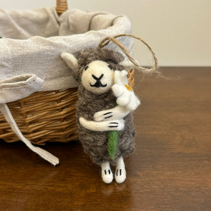 Gray Sheep Holding White Flower Felt Bag Charm