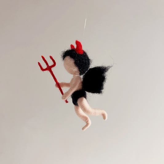 Imp - Wool Felt Fairy | Handcrafted Sprite | Mischief-Inspired | Red Fork & Black Outfit | Fun Gift for Halloween