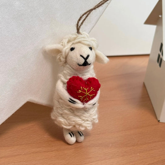 Sheep Holding Red Heart Felt Wool Hanging Decoration