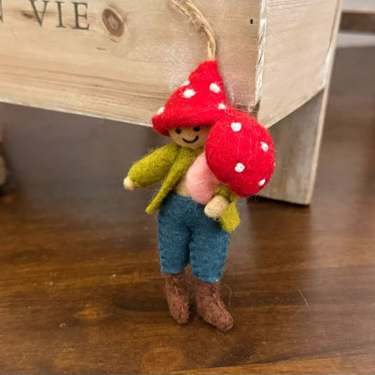 Hanging Adorable Needle Felted Mushroom Elf Decoration