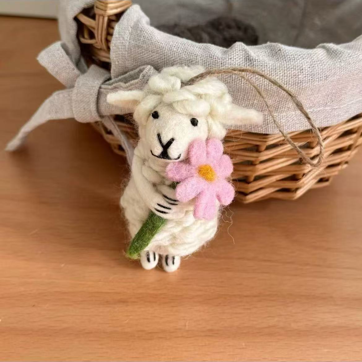 Handmade Felt Sheep Holding Purple Flower Hanging Ornament