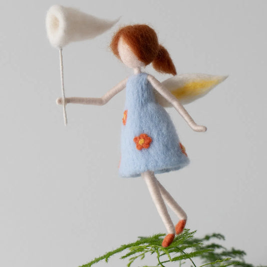 Lila - Woolen Fairy | Handcrafted Sprite | Blue Dress with Yellow Flowers | Playing with a Net