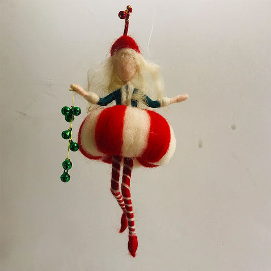 Diane - Woolen Fairy | Handcrafted Sprite | Waldorf-Inspired | Red Hat, Green Top, Red and White Skirt | Whimsical Charm