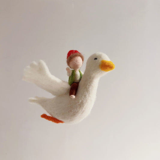 Denis - The Goose Rider | Handcrafted Figure | Folklore-Inspired | Red Hat & Green Vest | Aerial Adventurer