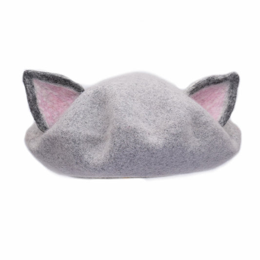 Ash Gray Cat Ear Wool Felt Beret, Beret Animal