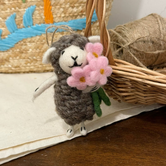 Gray Sheep Holding Pink Flower Felt Bag Charm