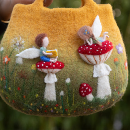 Angelic Study Time on Red Mushroom Bag - Enchanted Red Mushroom with Studious Angels and Blooming Flora