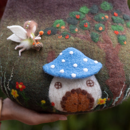 Blue Cottage and Angelic Orchard Bag - Enchanted Blue House with Angelic Fruit Picker and Blooming Flowers