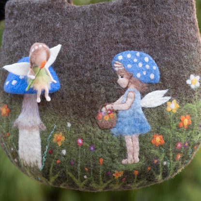 Blue Mushroom with Angelic Companion Bag - Enchanted Blue Mushroom with Flower-Bearing Girl, Little Angel, and Blooming Flora