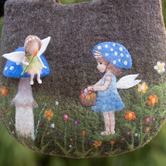 Blue Mushroom with Angelic Companion Bag - Enchanted Blue Mushroom with Flower-Bearing Girl, Little Angel, and Blooming Flora