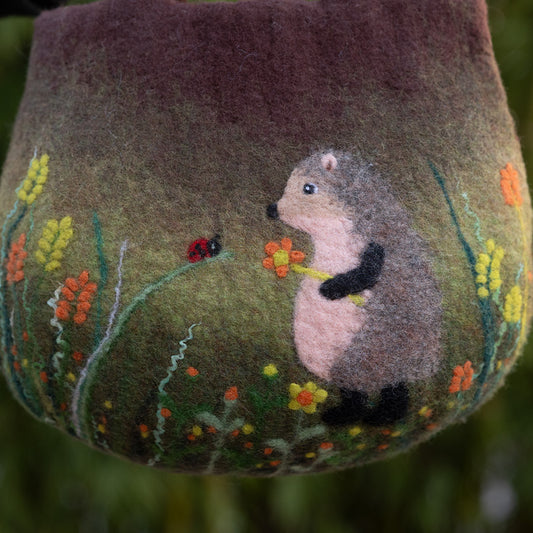 Hedgehog Haven with Floral Delights Bag - Enchanted Hedgehog Gathering Flowers Amidst Blooming Flora