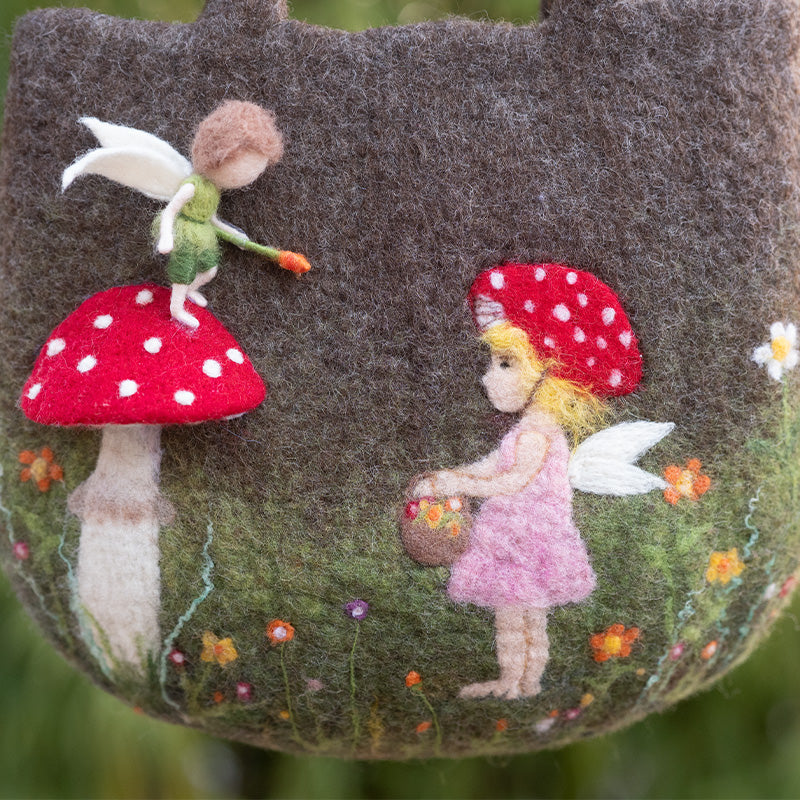 Red Mushroom with Angelic Companion Bag - Enchanted Red Mushroom with Flower-Bearing Girl, Little Angel, and Blooming Flora