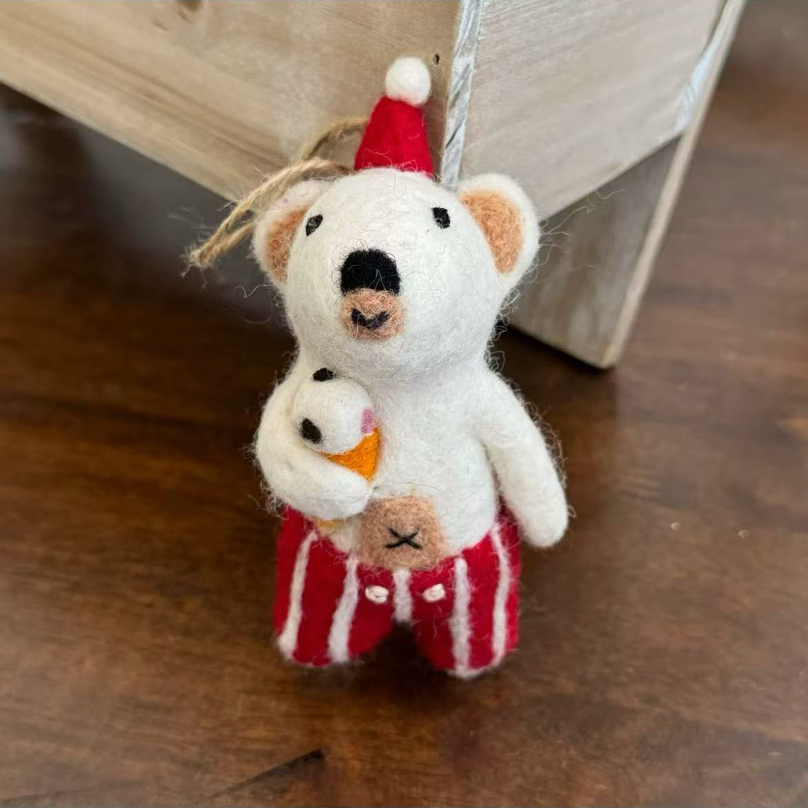 Needle Felted Polar Bear with Ice Cream Hanging Decoration