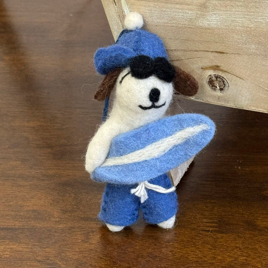 Needle Felted Surfer Dog Ornament By Maria Callary Toys