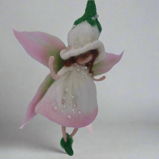 Handmade Olivia felt angel tree topper by Maria Callary Toys, Waldorf-inspired wool decoration for Christmas tree.