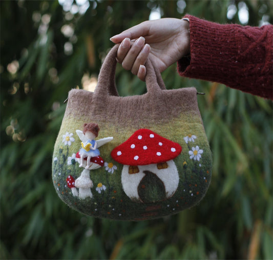 Red House with Mushroom Reading Nook Bag - Enchanted Red House with Reading Girl on Mushroom and Blooming Flora