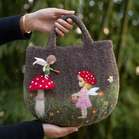 Red Mushroom with Angelic Companion Bag - Enchanted Red Mushroom with Flower-Bearing Girl, Little Angel, and Blooming Flora