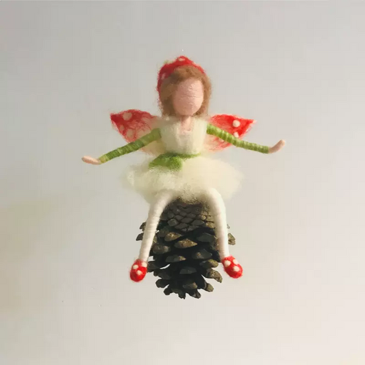 Sarah - Woolen Fairy | Handcrafted Sprite | Waldorf-Inspired | Sitting on a Pinecone | Natural Charm