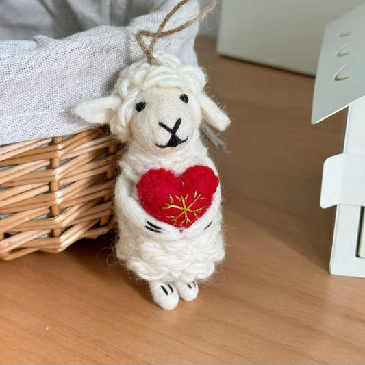 Sheep Holding Red Heart Felt Wool Hanging Decoration By Maria Callary Toys