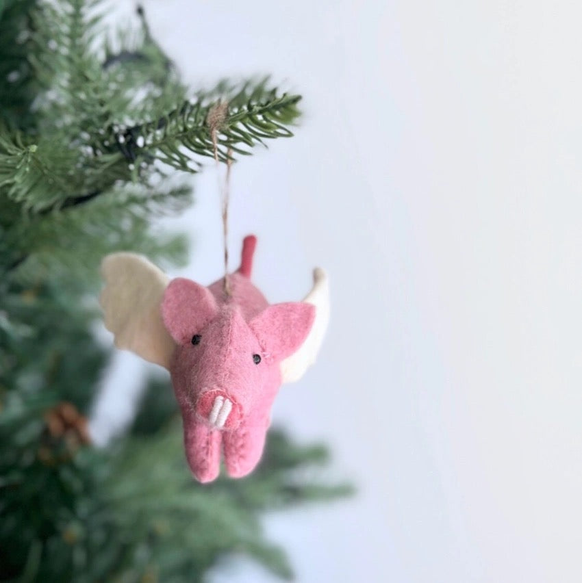 Wool Christmas Ornaments with Felt Hanging Pig Decoration By Maria Callary Toys