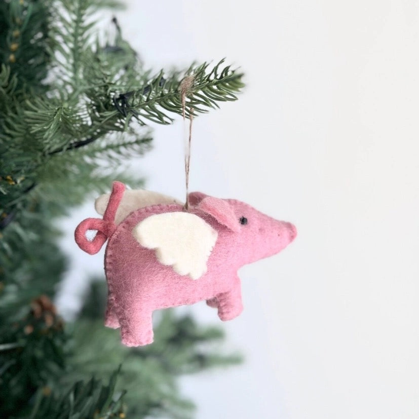 Wool Ornaments with Felt Hanging Pig Decoration By Maria Callary Toys