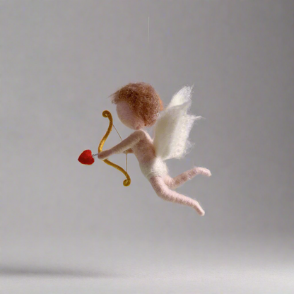 Cupid - Wool Felt Fairy | Handcrafted Sprite | Love-Inspired | Yellow Bow & Red Hearts | Perfect Gift for Loved Ones