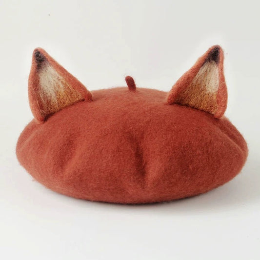 Brick Red Fox Ear Wool Felt Beret, Beret Animal, Fox Beret