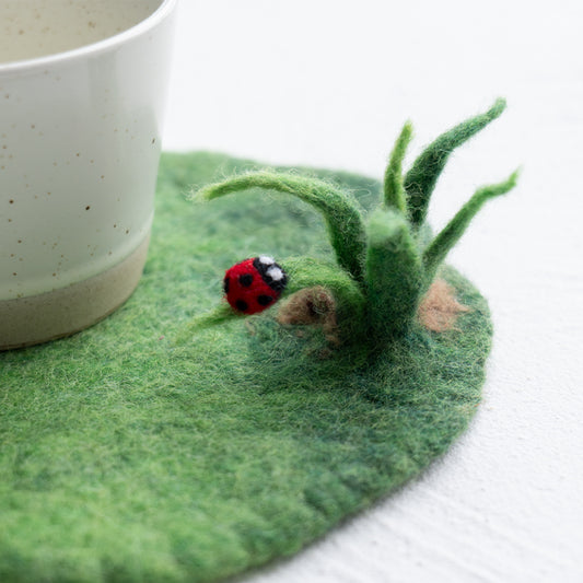 Grass and Ladybug Felted Drink Coaster